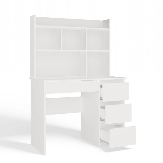 Scrivania MIJAS Destra con Sopralzo Bianco Opaco 4 Cassetti 4 Scaffali per Ufficio Camera