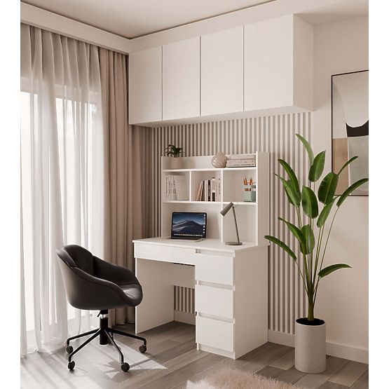 Scrivania MIJAS Destra con Sopralzo Bianco Opaco 4 Cassetti 4 Scaffali per Ufficio Camera