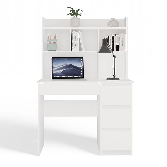 Scrivania MIJAS Destra con Sopralzo Bianco Opaco 4 Cassetti 4 Scaffali per Ufficio Camera