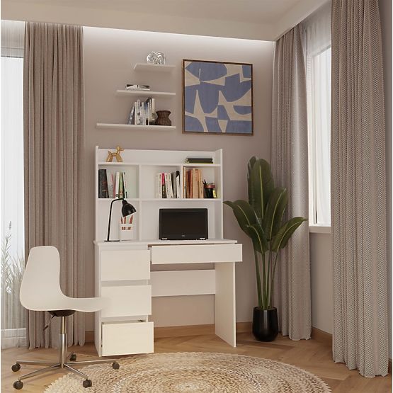 Scrivania MIJAS Sinistra con Sopralzo Bianco Opaco 4 Cassetti 4 Ripiani per Ufficio e Camera