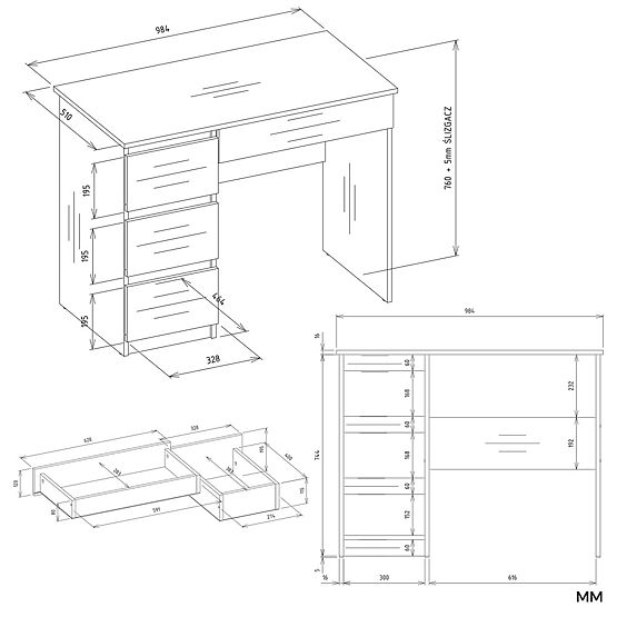 Scrivania MIJAS Sinistra con Sopralzo Bianco Opaco 4 Cassetti 4 Ripiani per Ufficio e Camera