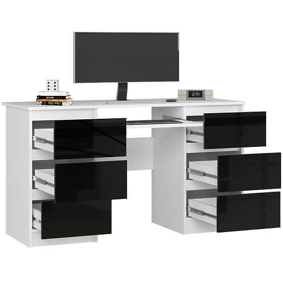 SCRIVANIA PER COMPUTER A-11 135 cm 6 CASSETTI BIANCO / NERO LUCIDO