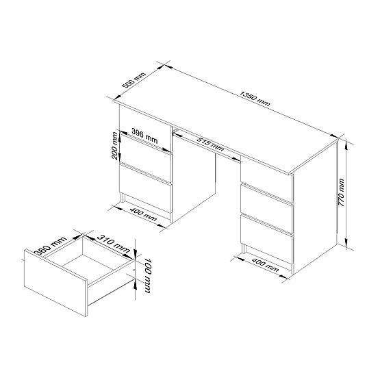 Scrivania per computer A-11 135 cm 6 cassetti PK bianco-grafite grigio