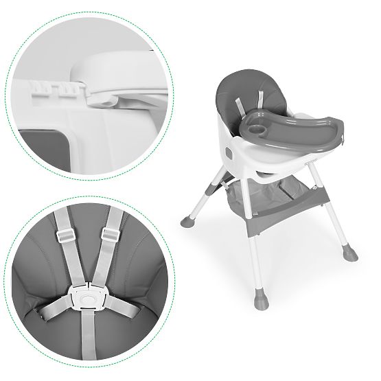 Seggiolone per bambini con vassoio, cestino, cinture a 5 punti, grigio ECOTOYS