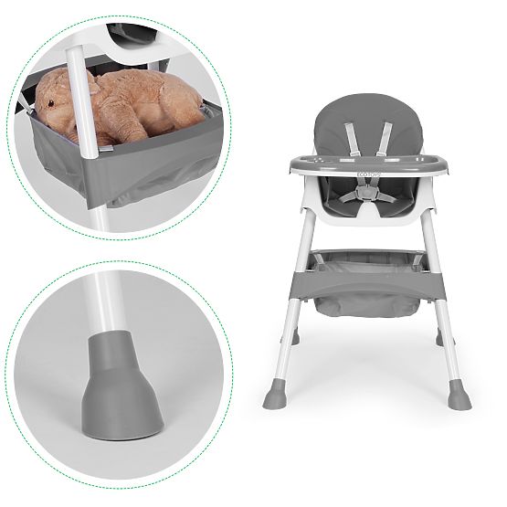 Seggiolone per bambini con vassoio, cestino, cinture a 5 punti, grigio ECOTOYS