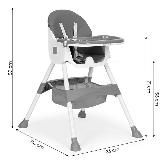 Seggiolone per bambini con vassoio, cestino, cinture a 5 punti, grigio ECOTOYS
