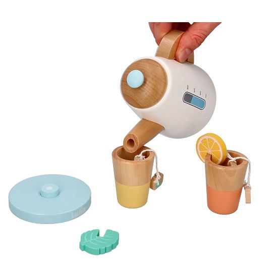 Set da tè in legno con teiera e tazze