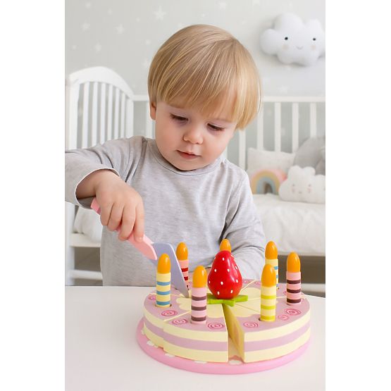 Set di torta in legno con velcro, candele e fragola per bambini 15 pezzi ECOTOYS