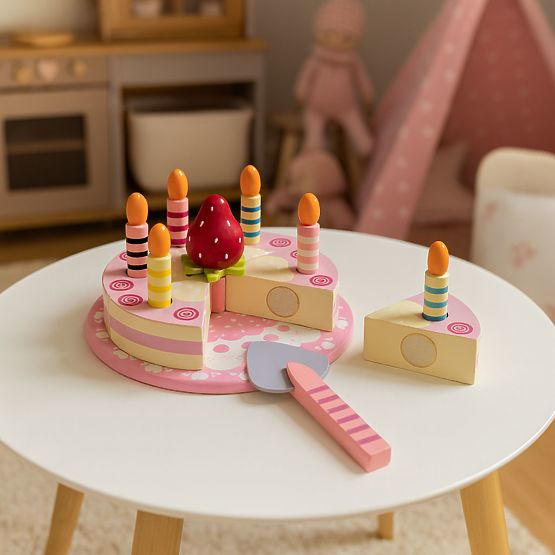 Set di torta in legno con velcro, candele e fragola per bambini 15 pezzi ECOTOYS