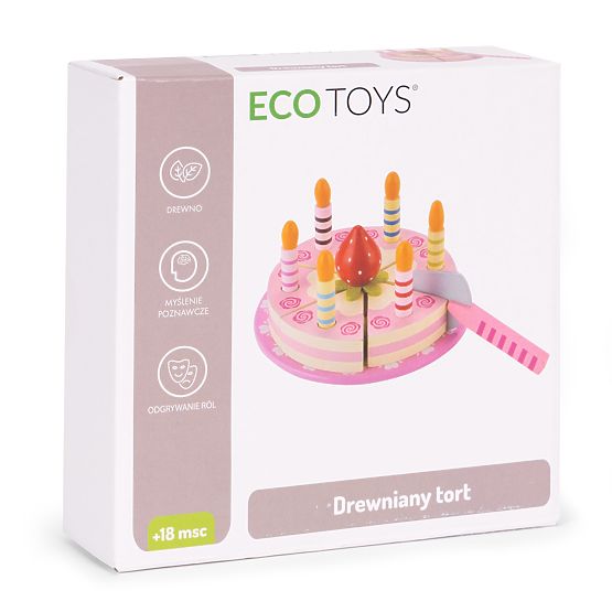 Set di torta in legno con velcro, candele e fragola per bambini 15 pezzi ECOTOYS