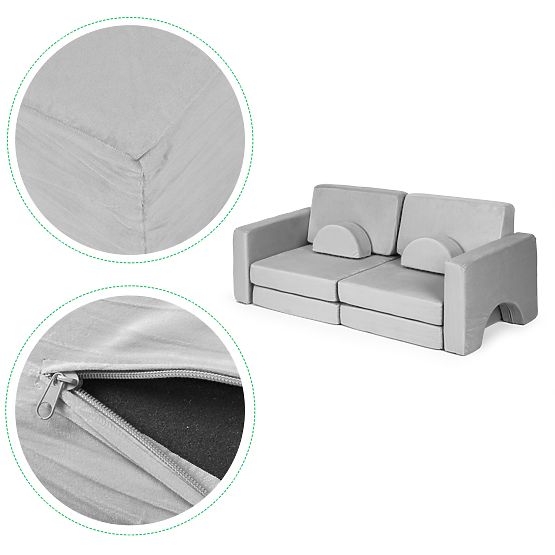 Divano modulare pieghevole per bambini grande a 2 posti DIY 10 cuscini morbidi - grigio ECOTOYS