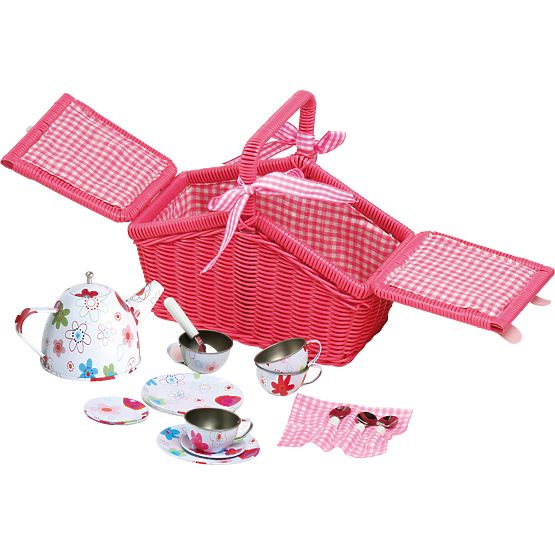 small foot Cestino da picnic rosa con stoviglie