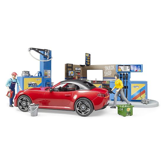 Stazione di servizio Bruder con auto e 2 figure