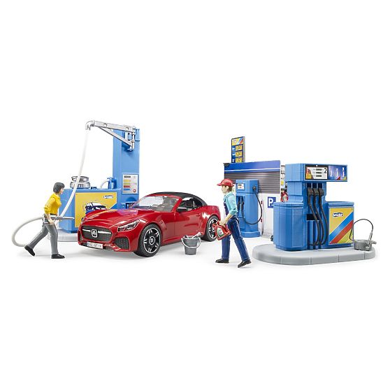 Stazione di servizio Bruder con auto e 2 figure