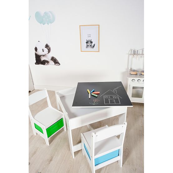 Tavolo per bambini Ourbaby con sedie con scatola blu e verde