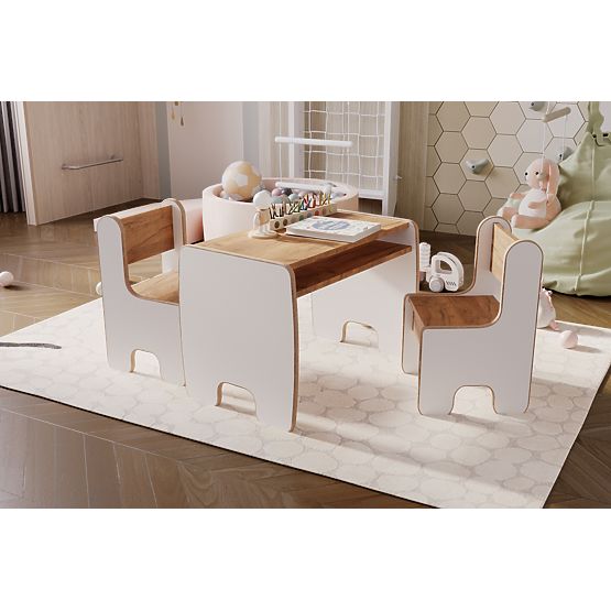 tavolo per bambini Timi e due sedie MDF colore bianco / rovere craft dorato