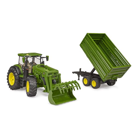 Trattore Bruder John Deere 7R 350 con caricatore frontale e rimorchio tandem