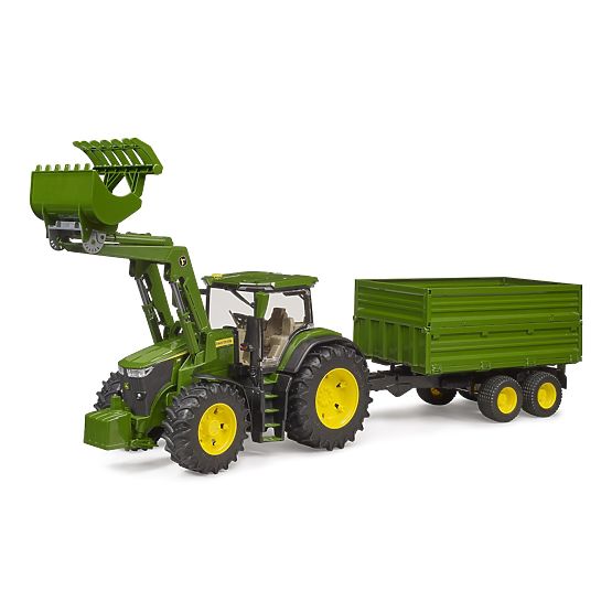 Trattore Bruder John Deere 7R 350 con caricatore frontale e rimorchio tandem
