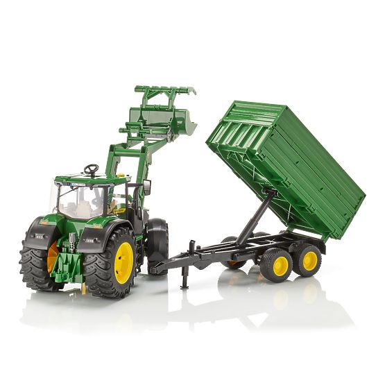 Trattore Bruder John Deere 7R 350 con caricatore frontale e rimorchio tandem