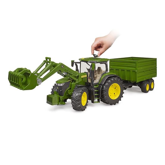 Trattore Bruder John Deere 7R 350 con caricatore frontale e rimorchio tandem