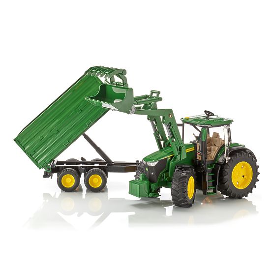 Trattore Bruder John Deere 7R 350 con caricatore frontale e rimorchio tandem