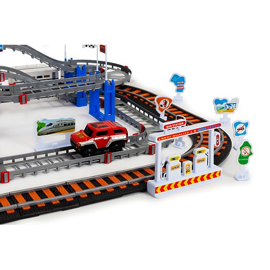 Trenino e auto a batteria due piste città 108 elementi