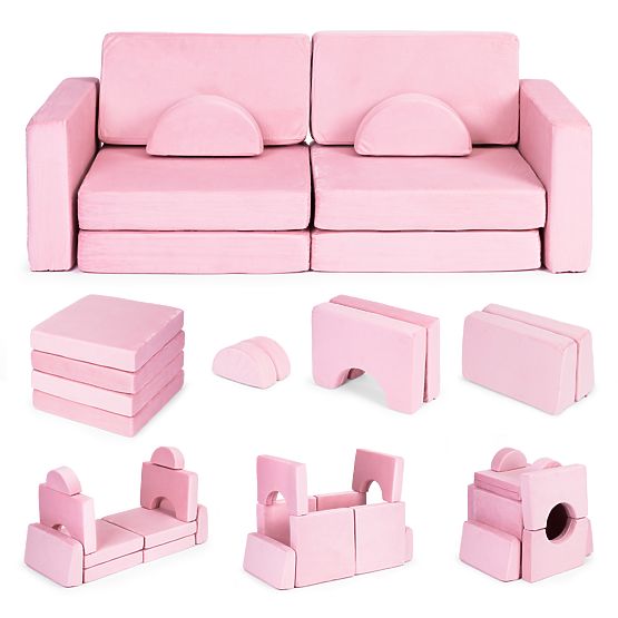 Grande divano modulare pieghevole per bambini per 2 persone DIY 10 cuscini morbidi - rosa ECOTOYS