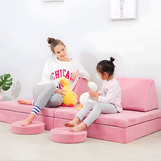 Grande divano modulare pieghevole per bambini per 2 persone DIY 10 cuscini morbidi - rosa ECOTOYS