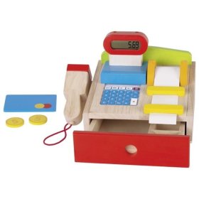 Registratore di cassa in legno con calcolatrice, Goki