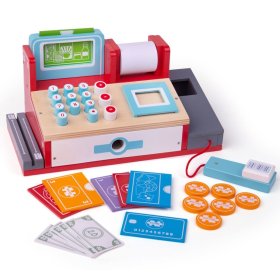 Bigjigs Toys Registratore di cassa in legno rosso, Bigjigs Toys