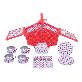Bigjigs Toys Set da tè a pois nel cesto da picnic