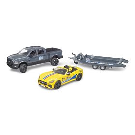 Bruder Auto fuoristrada RAM con auto sportiva e figurina, Bruder