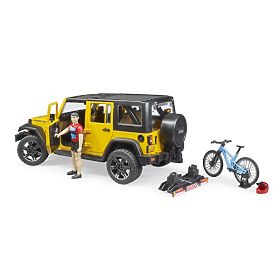 Bruder Jeep Wrangler Rubicon con ciclista e bicicletta