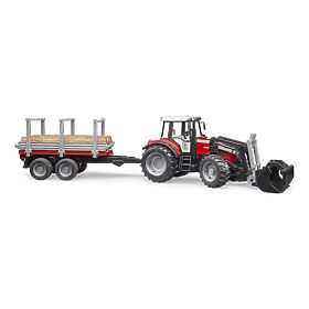 Bruder Trattore Massey Ferguson 7480 con caricatore frontale e trasportatore di tronchi