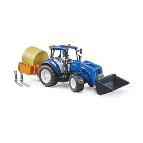 Bruder Trattore New Holland T5.120 con caricatore frontale, cassone, forche e balla rotonda