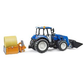 Bruder Trattore New Holland T5.120 con caricatore frontale, cassone, forche e balla rotonda, Bruder