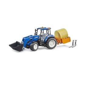Bruder Trattore New Holland T5.120 con caricatore frontale, cassone, forche e balla rotonda