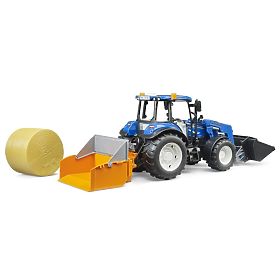 Bruder Trattore New Holland T5.120 con caricatore frontale, cassone, forche e balla rotonda