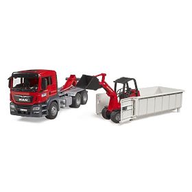 Camion Bruder MAN TGS con container e caricatore Schäffer Hoflader