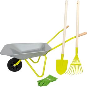 Carriola a piede piccolo con attrezzi da giardino
