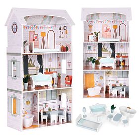 Casa delle bambole Alice 3 piani 4 stanze set 9 mobili ECOTOYS