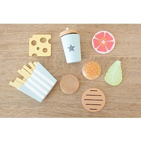 Cibo in legno - taglio - set da pasto con patatine fritte