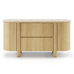 Credenza a due ante con cassetti Segretto, arrotondata, rovere naturale, travertino