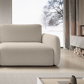 Divano letto Botse beige chiaro con spazio di stoccaggio, forme arrotondate, boucle