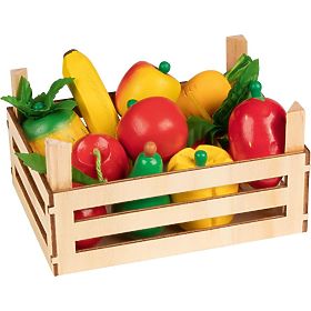 Frutta e verdura in legno nella cassetta