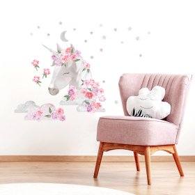 Adesivo murale Unicorno con fiori - rosa