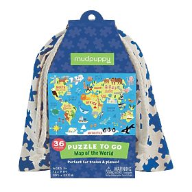 Mudpuppy Puzzle Mappa del mondo in sacchetto di stoffa 36 pezzi, Mudpuppy