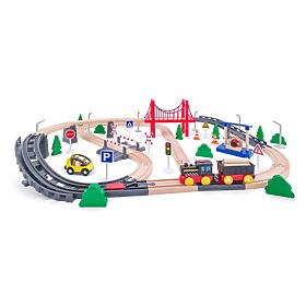 Pista di legno con locomotiva a batteria, 80 pezzi