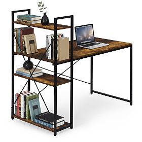 Scrivania per computer scolastica 120x60 cm con scaffale a 3 ripiani, noce antico, loft ModernHome