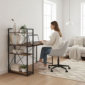 Scrivania per computer scolastica 120x60 cm con scaffale a 3 ripiani, noce antico, loft ModernHome